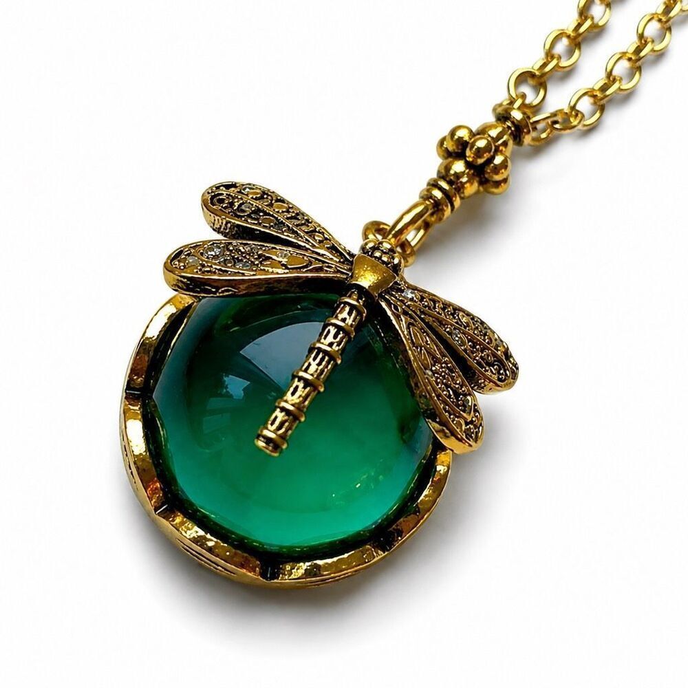 Green Dragonfly Glass Pendant Necklace Victorian Garden Style